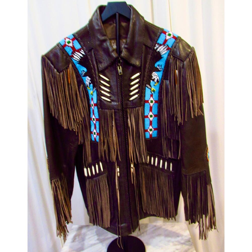 Leather Gallery Men's Fringe Beaded Leather Coat